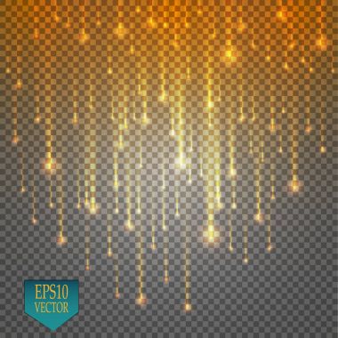 Vektör yağmur kuyruklu yıldızlar şeffaf arka plan üzerinde izole. Işıklar. Sihirli kavramı. Vektör beyaz glitter dalga soyut çizim. Beyaz yıldız tozu izole köpüklü parçacıkları izi. Vektör