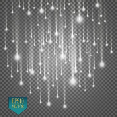 Vektör yağmur kuyruklu yıldızlar şeffaf arka plan üzerinde izole. Işıklar. Sihirli kavramı. Vektör beyaz glitter dalga soyut çizim. Beyaz yıldız tozu izole köpüklü parçacıkları izi. Vektör