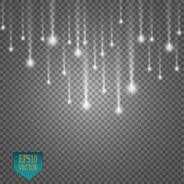 Vektör yağmur kuyruklu yıldızlar şeffaf arka plan üzerinde izole. Işıklar. Sihirli kavramı. Vektör beyaz glitter dalga soyut çizim. Beyaz yıldız tozu izole köpüklü parçacıkları izi. Vektör