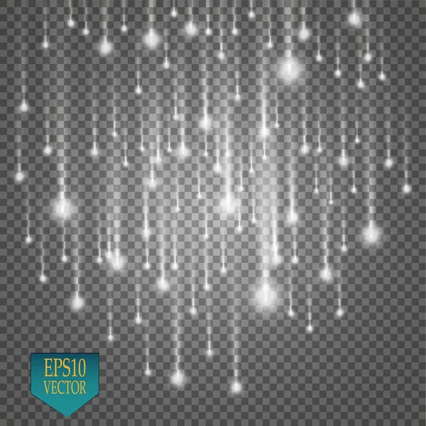 Vektör yağmur kuyruklu yıldızlar şeffaf arka plan üzerinde izole. Işıklar. Sihirli kavramı. Vektör beyaz glitter dalga soyut çizim. Beyaz yıldız tozu izole köpüklü parçacıkları izi. Vektör