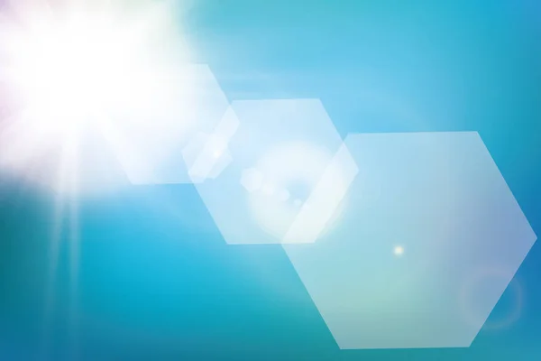 Abstraktní jasné zářící slunce s odlesk objektivu v modré obloze. Vektorové ilustrace — Stockový vektor