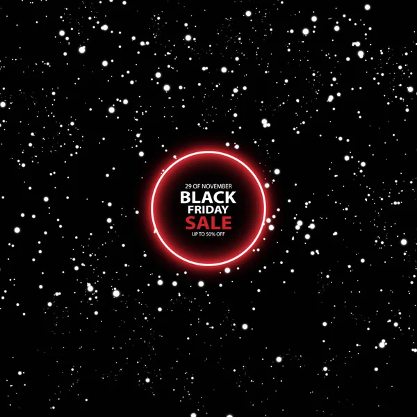 Viernes negro venta brillante letrero de neón con nieve sobre el fondo negro. Fondo de vector de luz para su publicidad, descuentos y negocios — Vector de stock