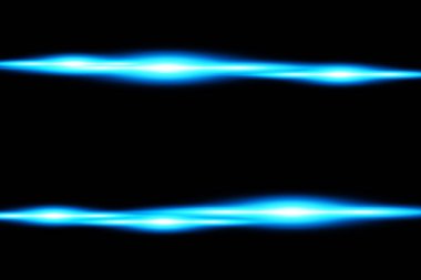 Mavi yatay mercek fişeği paketi. Lazer ışınları, yatay ışık ışınları. Güzel ışık fişekleri. Karanlık arka planda parlak çizgiler. Parlak, soyut, ışıl ışıl bir arka plan.