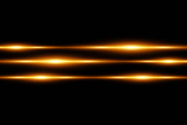 Pack de fusées éclairantes horizontales dorées. Rayons laser, rayons lumineux horizontaux. Superbes fusées éclairantes. Stries lumineuses sur fond sombre. Lumineux abstrait scintillant fond doublé . — Image vectorielle