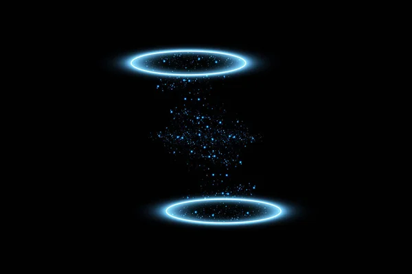 Futuristischer Teleport. magisches Fantasie-Portal. Lichteffekt. Blaue Kerzenstrahlen einer Nachtszene mit Funken auf schwarzem Hintergrund. leere Lichteffekte des Podiums. Disco Club Dancefloor. — Stockvektor