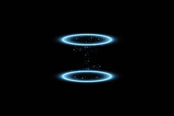 Futuristic teleport. Magic fantasy portal. Light effect. Blue candles rays of a night scene with sparks on a black background. Empty light effect of the podium. Disco club dancefloor. — Stock Vector