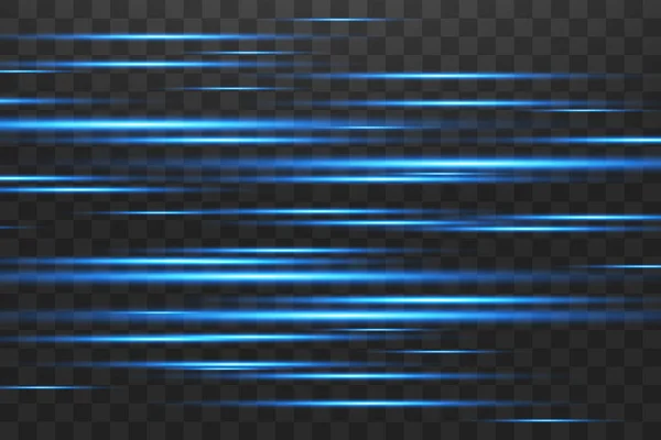 Pack de fusées éclairantes horizontales bleues. Rayons laser, rayons de lumière horizontaux. Stries lumineuses sur fond sombre. Lumineux abstrait scintillant fond doublé. — Image vectorielle