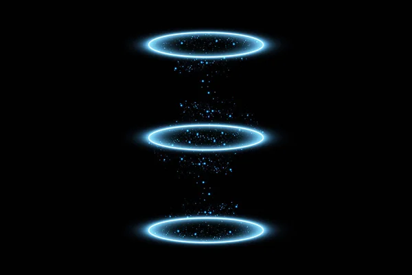 Futuristic teleport. Magic fantasy portal. Light effect. Blue candles rays of a night scene with sparks on a black background. Empty light effect of the podium. Disco club dancefloor. — Stock Vector