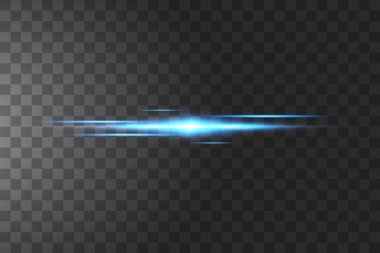 Mavi yatay mercek fişeği paketi. Lazer ışınları, yatay ışık ışınları. Çok güzel ışık parlamaları. Karanlık arka planda parlak çizgiler. Parlak, soyut, ışıl ışıl bir arka plan