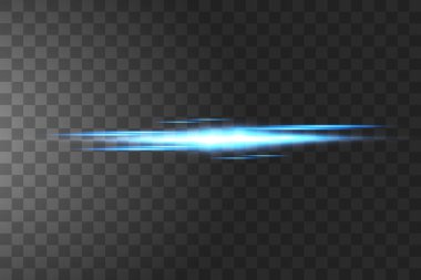 Mavi yatay mercek fişeği paketi. Lazer ışınları, yatay ışık ışınları. Çok güzel ışık parlamaları. Karanlık arka planda parlak çizgiler. Parlak, soyut, ışıl ışıl bir arka plan