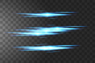 Mavi yatay mercek fişeği paketi. Lazer ışınları, yatay ışık ışınları. Çok güzel ışık parlamaları. Karanlık arka planda parlak çizgiler. Parlak, soyut, ışıl ışıl bir arka plan