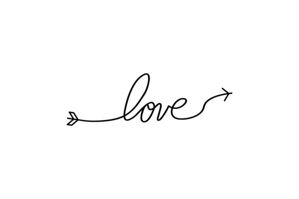 Cupido pijl in de continue tekening van lijnen in de vorm van een hart en de tekst liefde in een platte stijl. Continu zwarte lijn. Werk plat ontwerp. Symbool van liefde en tederheid. — Stockvector