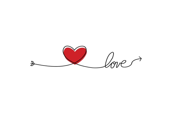 연속적으로 선을 심장의 형태로 그리고 텍스트 사랑의 형태로 그린 큐피드 s 화살표. 검은 선 이 계속 됩니다. 편평 한 디자인으로 작업 합니다. 사랑 과부드러움의 상징. — 스톡 벡터