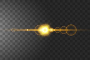 Vektör güneş ışığı özel lens ışık efekti. İzole güneş ışınları ve spot ışıkları. Altın şeffaf güneş ışığı arka planı. Bulanık soyut ışıltı dekor elementi. Yıldız patlaması