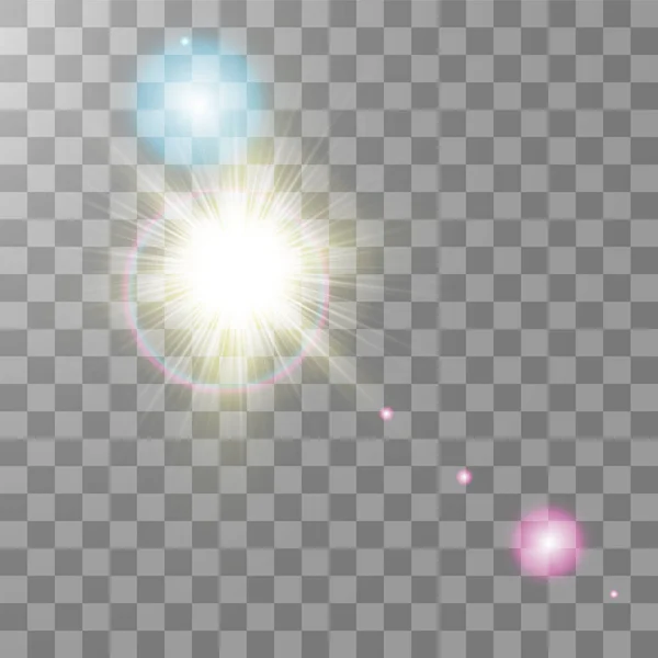 Διάνυσμα διαφανές ηλιακό φως ειδικού φακού φωτοβολίδα ελαφριά επίδραση. Ήλιος που απομονώνονται σε διαφανές φόντο. Ελαφρύ αποτέλεσμα λάμψη — Διανυσματικό Αρχείο