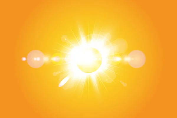 Soleil chaud sur fond jaune. L'été. Éblouissement. Rayons solaires. — Image vectorielle