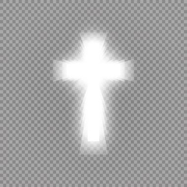 Parlak beyaz haç ve güneş ışığı özel lensler, şeffaf arkaplan üzerinde ışık efekti oluşturur. Parlayan aziz haçı. Vektör illüstrasyonu