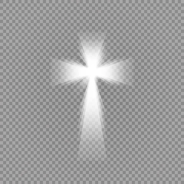 Schijnend wit kruis en zonlicht speciale lens flitslicht effect op transparante achtergrond. Een gloeiend kruis. Vectorillustratie — Stockvector
