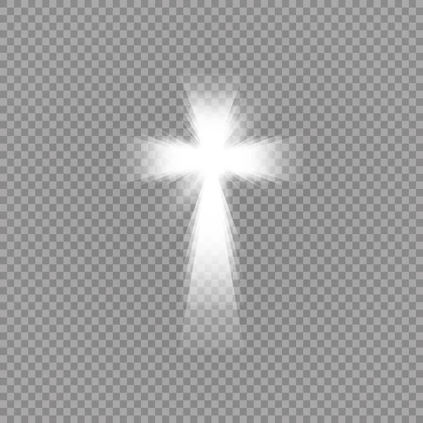 Λαμπερό λευκό σταυρό και φως του ήλιου ειδικό φως φωτοβολίδα επίδραση σε διαφανές φόντο. Λαμπερός άγιος σταυρός. Εικονογράφηση διανύσματος — Διανυσματικό Αρχείο