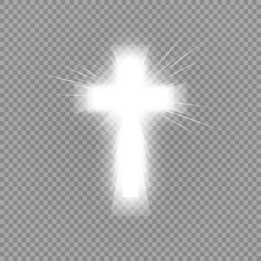 Parlak beyaz haç ve güneş ışığı özel lensler, şeffaf arkaplan üzerinde ışık efekti oluşturur. Parlayan aziz haçı. Vektör illüstrasyonu