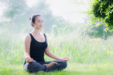 Genç kadın her gün Yoga yardımcı olur konsantrasyon, nefes, vücut şekli, gücü, yoga uygulamak yardımcı aydınlatmak cilt. Parlak gün arasında Dharma havada