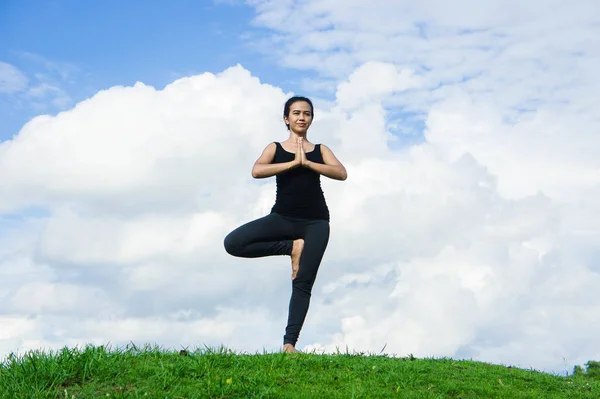 Kadın Pratik Yoga Dinlenmek Doğa Mavi Gökyüzü Arka Plan — Stok fotoğraf