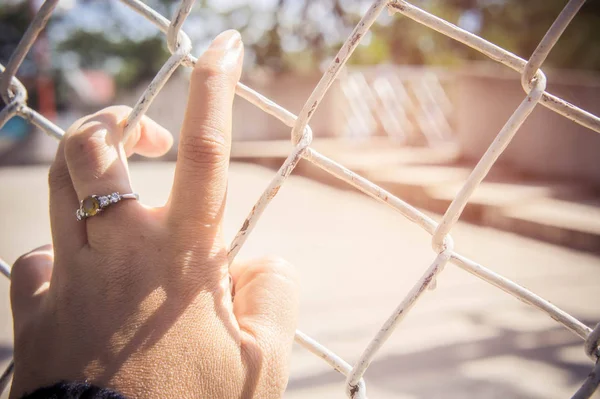 Händerna Det Begränsade Området Inuti Järn Wire Väggarna För Att — Stockfoto