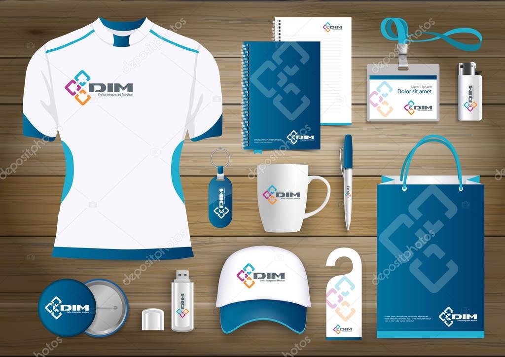 network Gift Items, Color promotional souvenirs design for link corporate identity with technology lines. Stationery set, digital tech template