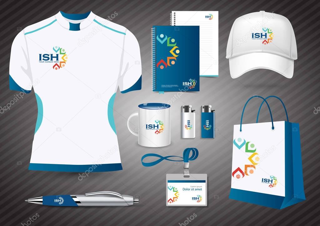 Gift Items, Color promotional souvenirs design for corporate identity with diagonal lines. Stationery set, people logo color community group corporate identity template