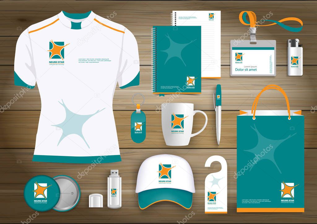 Neurology, nerve cell Star Logo Gift Items, Color promotional souvenirs design for corporate identity template with diagonal lines. Stationery set, people logo color, community group,