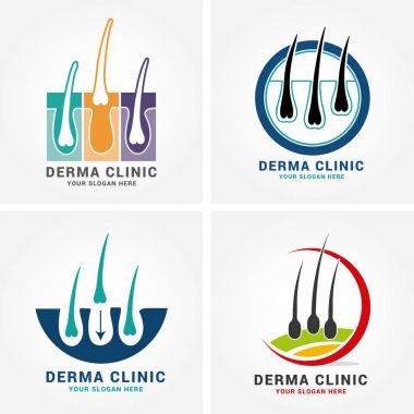 Saç bakım Dermatoloji logo simge simgeler folikül tıbbi teşhis ile ayarlayın. Saç dökülmesi tedavi ve ekimi kavramı. Vektör çizim.