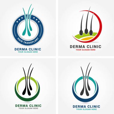 Hair care dermatology logo icon set with follicle medical diagnostics symbols. Alopecia treatment and transplantation concept. Vector illustration. clipart