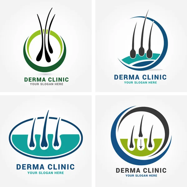 Haar pictogrammenset zorg Dermatologie logo met follikel medische diagnostiek symbolen. Alopecia behandeling en transplantatie concept. Vectorillustratie. — Stockvector