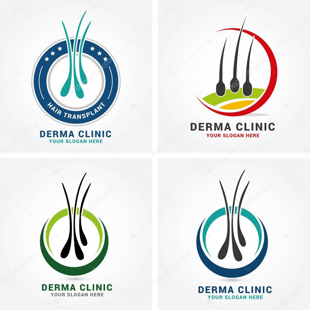 Hair care dermatology logo icon set with follicle medical diagnostics symbols. Alopecia treatment and transplantation concept. Vector illustration.