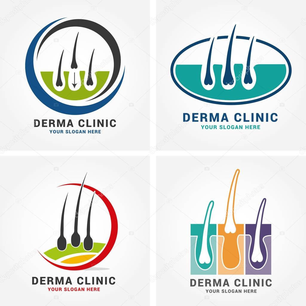 Hair care dermatology logo icon set with follicle medical diagnostics symbols. Alopecia treatment and transplantation concept. Vector illustration.