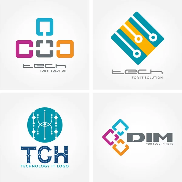 Logo tecnologico, business informatico e dei dati, rete di collegamenti hi-tech e innovativa — Vettoriale Stock