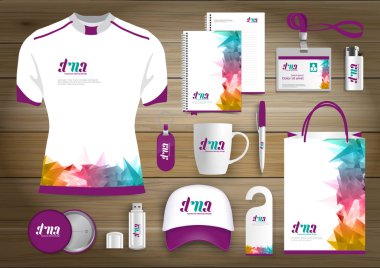 Hediye öğeleri iş kurumsal kimlik, vektör soyut renk promosyon Hatıra Eşyası tasarımı çapraz çizgiler için origami elemanları ile. bağlantı dijital teknoloji şirketi kırtasiye seti, 