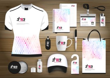 Hediye öğeleri iş kurumsal kimlik, vektör soyut renk promosyon Hatıra Eşyası tasarımı çapraz çizgiler için origami elemanları ile. bağlantı dijital teknoloji şirketi kırtasiye seti, 