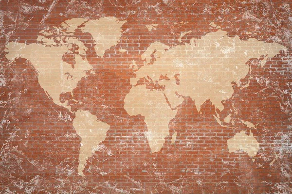 Mapa del mundo blanco en textura de fondo de ladrillo — Foto de Stock