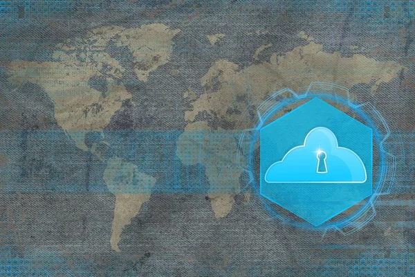 Weiße Weltkarte mit Cloud-Speichersymbol. Sicherheitskonzept für Cloud-Speicher. — Stockfoto