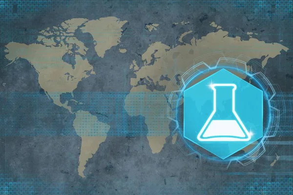 Mapa do mundo branco com ícone de química. Conceito de indústria química . — Fotografia de Stock