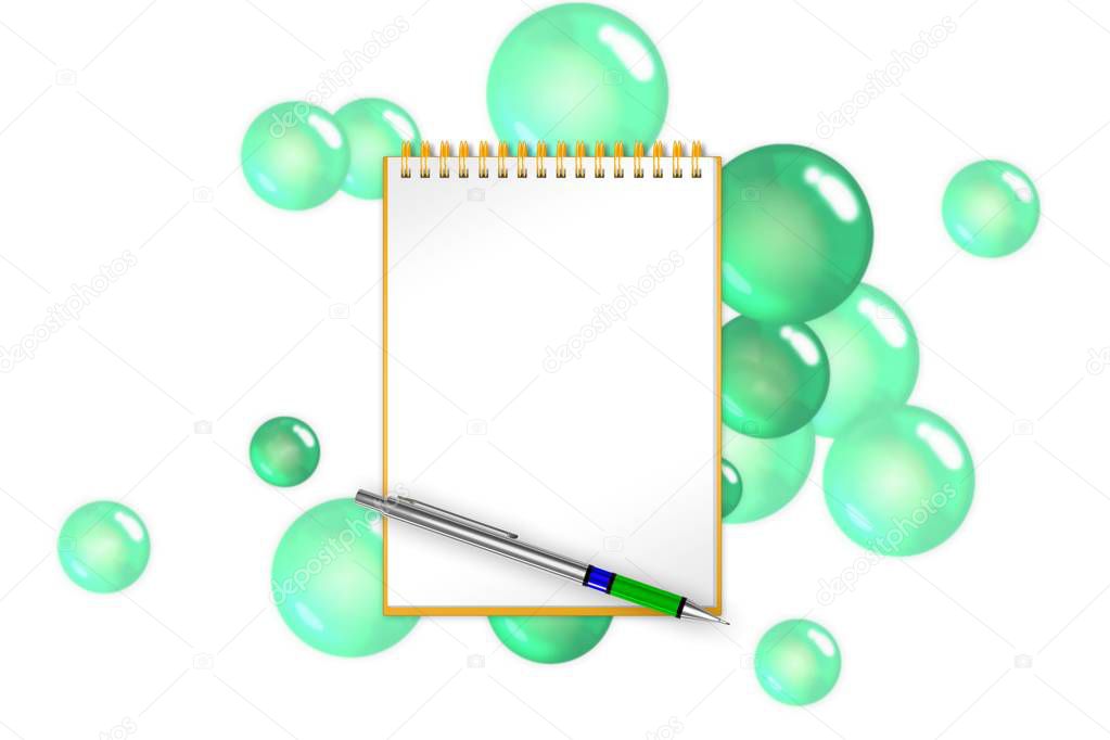 Blank notebook with purple balls, spheres and bubbles on background you can add any content to. 3d illustration