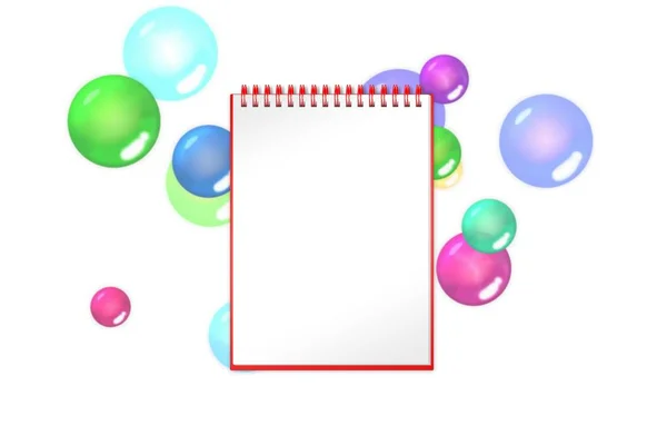 Порожня книга з кульками пурпурних кульок та бульбашками на фоні ідей святкування. 3d ілюстрація — стокове фото