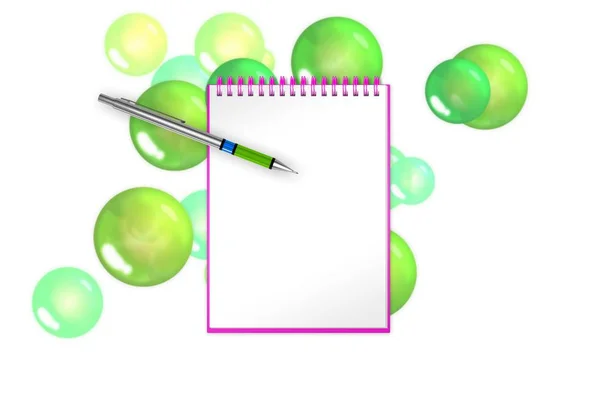 绿色的泡泡领域为背景的空白书迎接添加。3d 图 — 图库照片