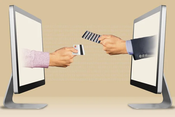 stock image business concept, two hands from computers. hand with credit card and hand with medicine pills . illustration