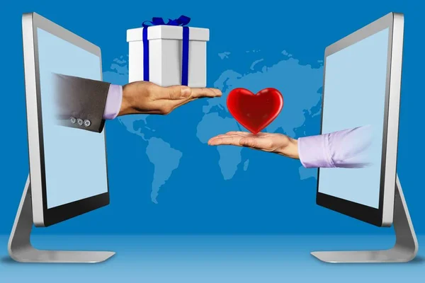 Conceito de informação, duas mãos de computadores. mão com caixa de presente e coração. Ilustração — Fotografia de Stock