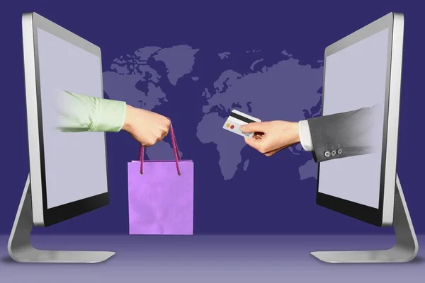 Online shopping concept, handen weergegeven van computers. hand met boodschappentas en hand met credit card. illustratie — Stockfoto