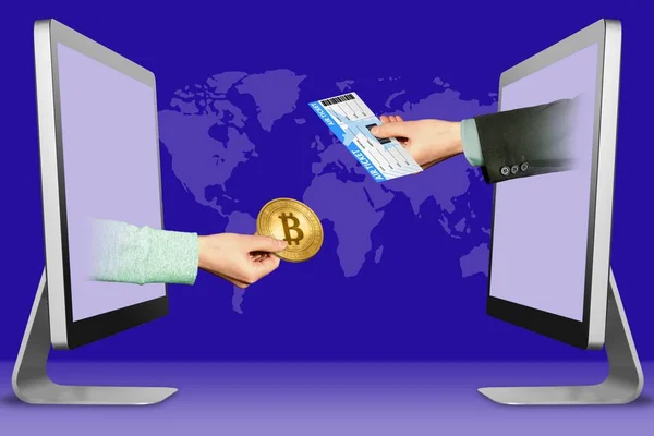 Online koncept, två händer från skärmar. handen med bitcoin och luft biljett. 3D illustration — Stockfoto