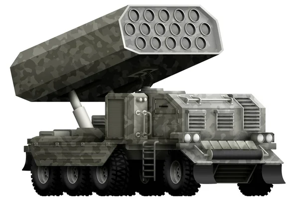 Ракетная артиллерия, ракетная пусковая установка с серым камуфляжем с вымышленным дизайном - изолированный объект на белом фоне. 3d иллюстрация — стоковое фото