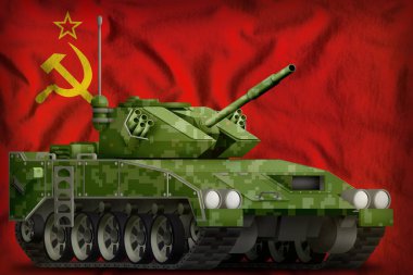 hafif tank apc piksel yaz kamuflaj Sovyetler Birliği (Sssr, SSCB) ulusal bayrak arka plan ile. 9 Mayıs zafer günü kavramı. 3D çizim